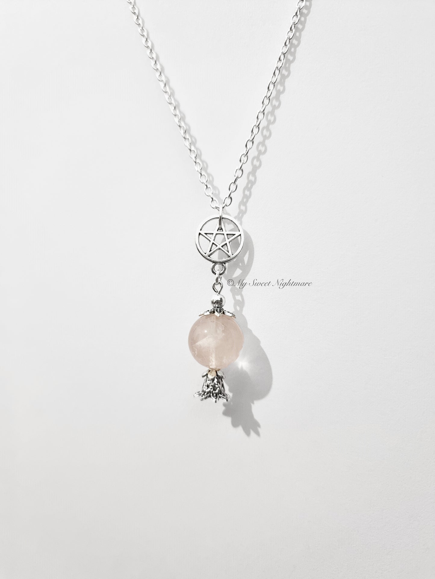 Rose Quartz Crystal Ball and Pentacle Necklace