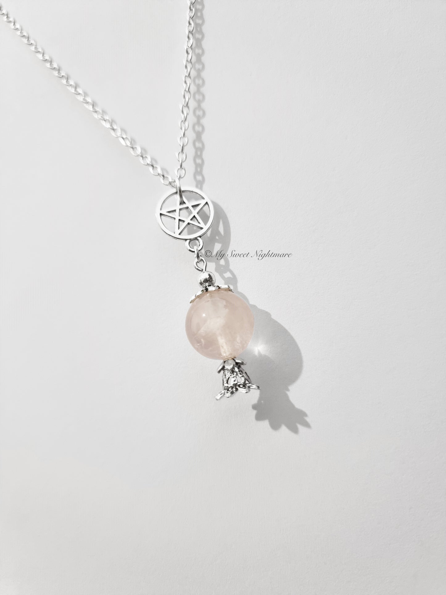 Rose Quartz Crystal Ball and Pentacle Necklace