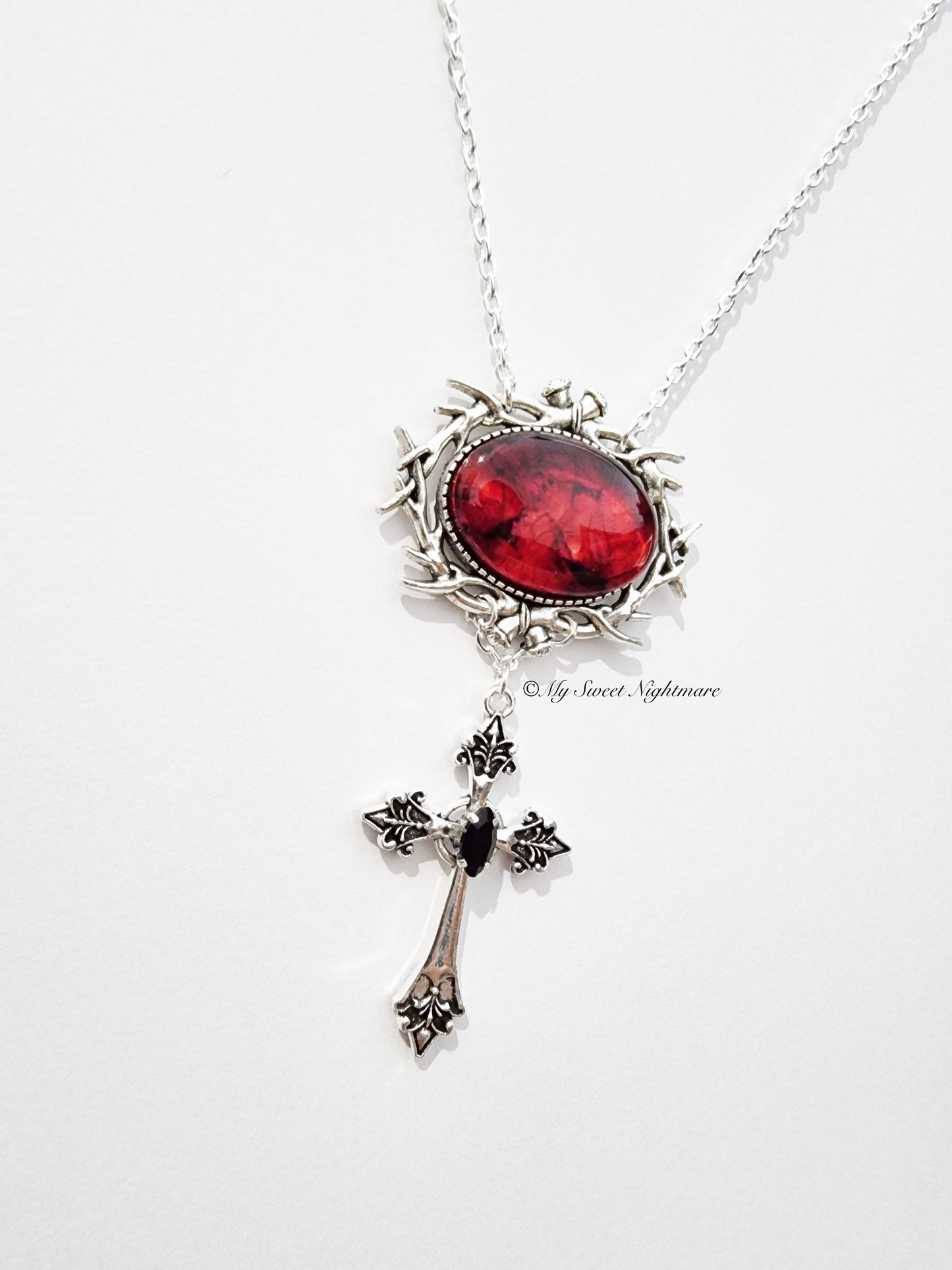 "LESTAT" Necklace with Cross and Cameo with Blood Effect Cabochon