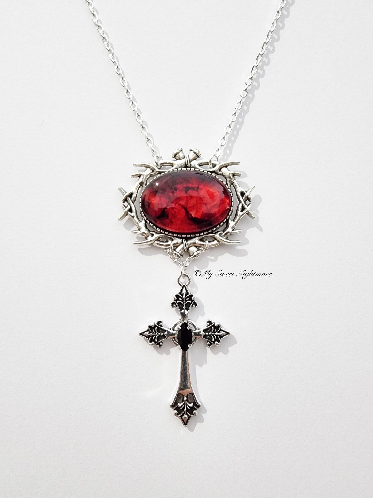 "LESTAT" Necklace with Cross and Cameo with Blood Effect Cabochon