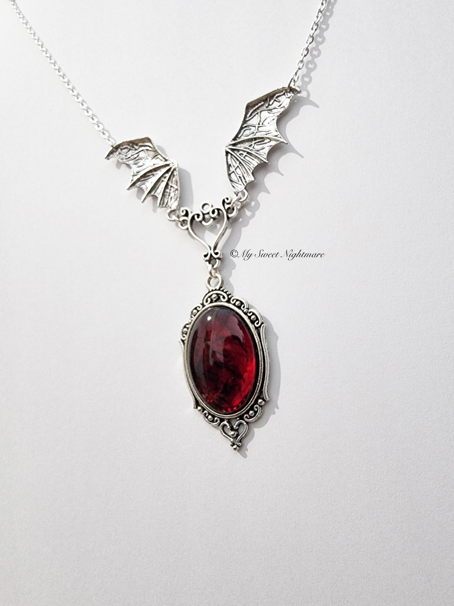 "VLAD" Vampire Necklace with Blood Effect Cabochon and Bat Wings