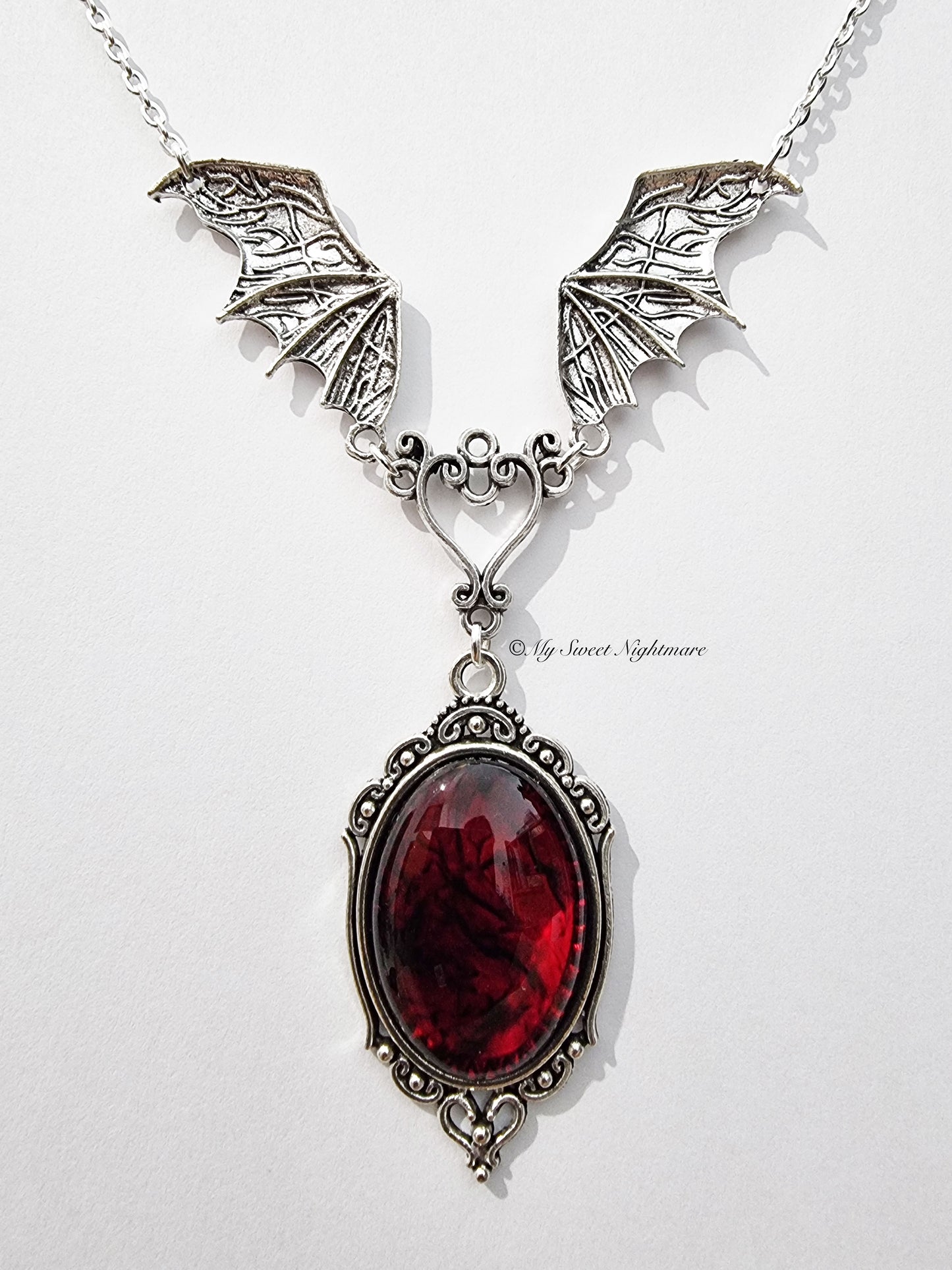 "VLAD" Vampire Necklace with Blood Effect Cabochon and Bat Wings