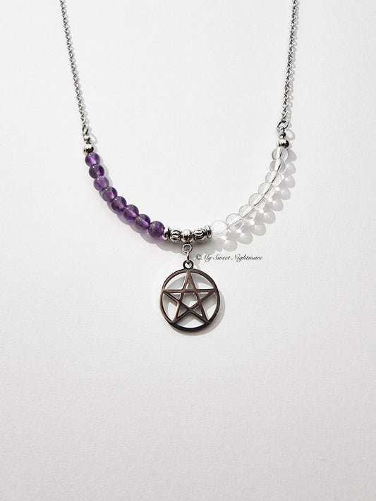 Necklace with pentagram, amethyst and rock crystal