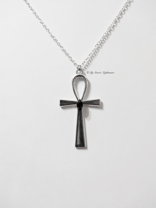 Necklace with Ankh cross and black crystal