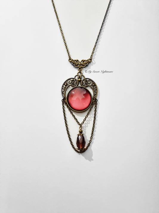 Bronze necklace with red glass and crystal stone