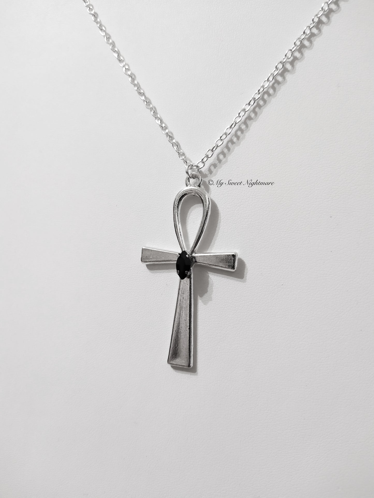Necklace with Ankh cross and black crystal
