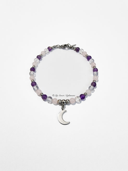 Bracelet with moon, rock crystal, amethyst and rose quartz